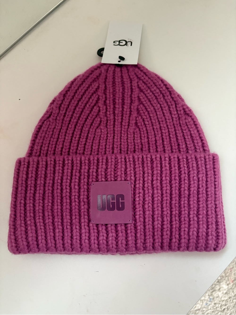 UGG Pink Ribbed Knit Beanie with Logo Patch New